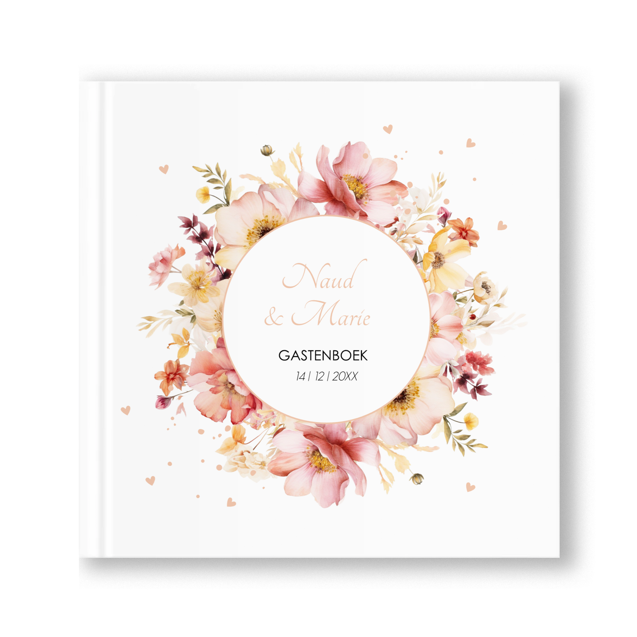Gastenboek huwelijk bloemenkrans roze geel
