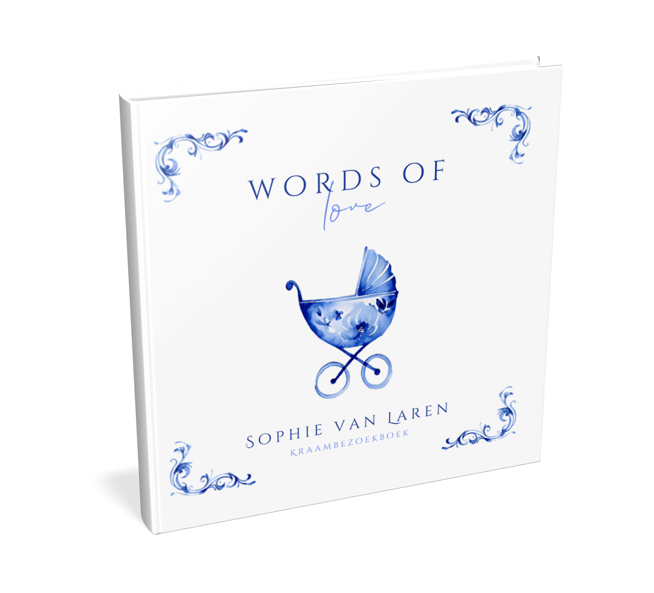 Stijlvol kraambezoekboek met kinderwagen in het delfts blauw