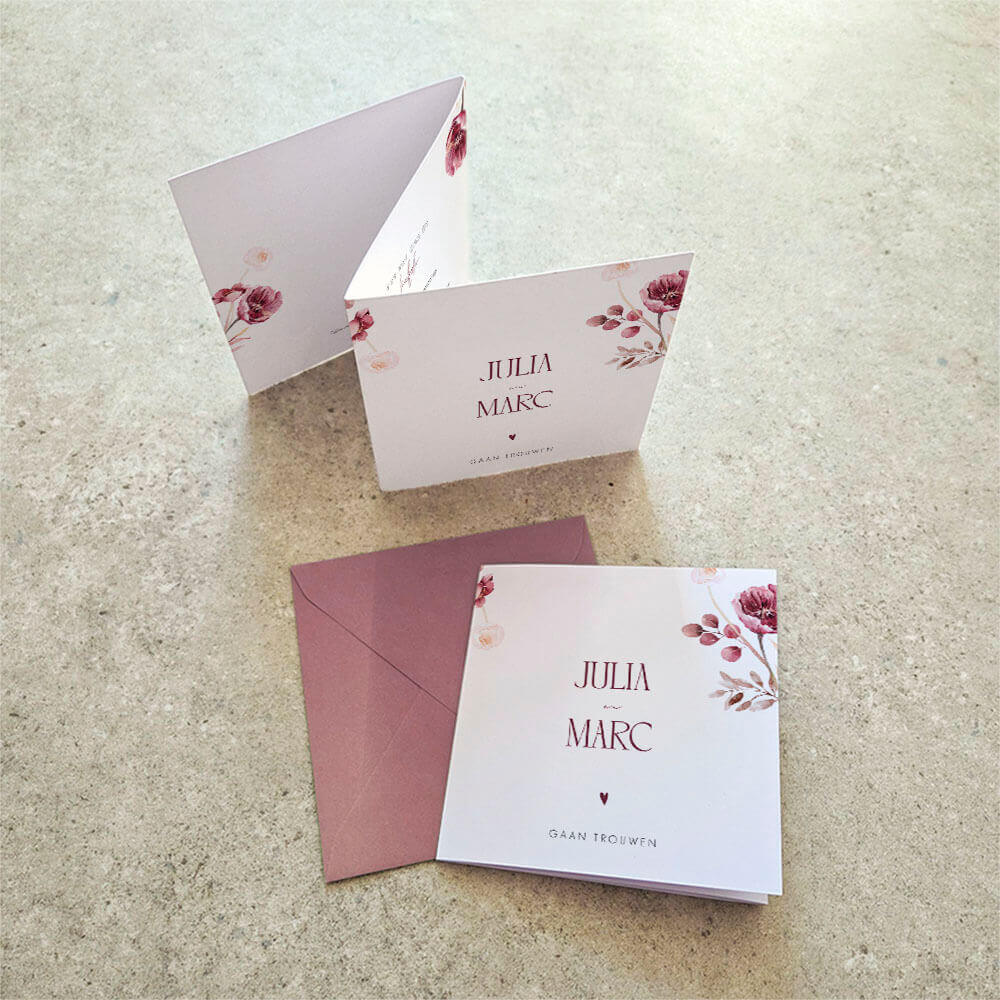 Zigzag trouwkaart bloemen met hartje