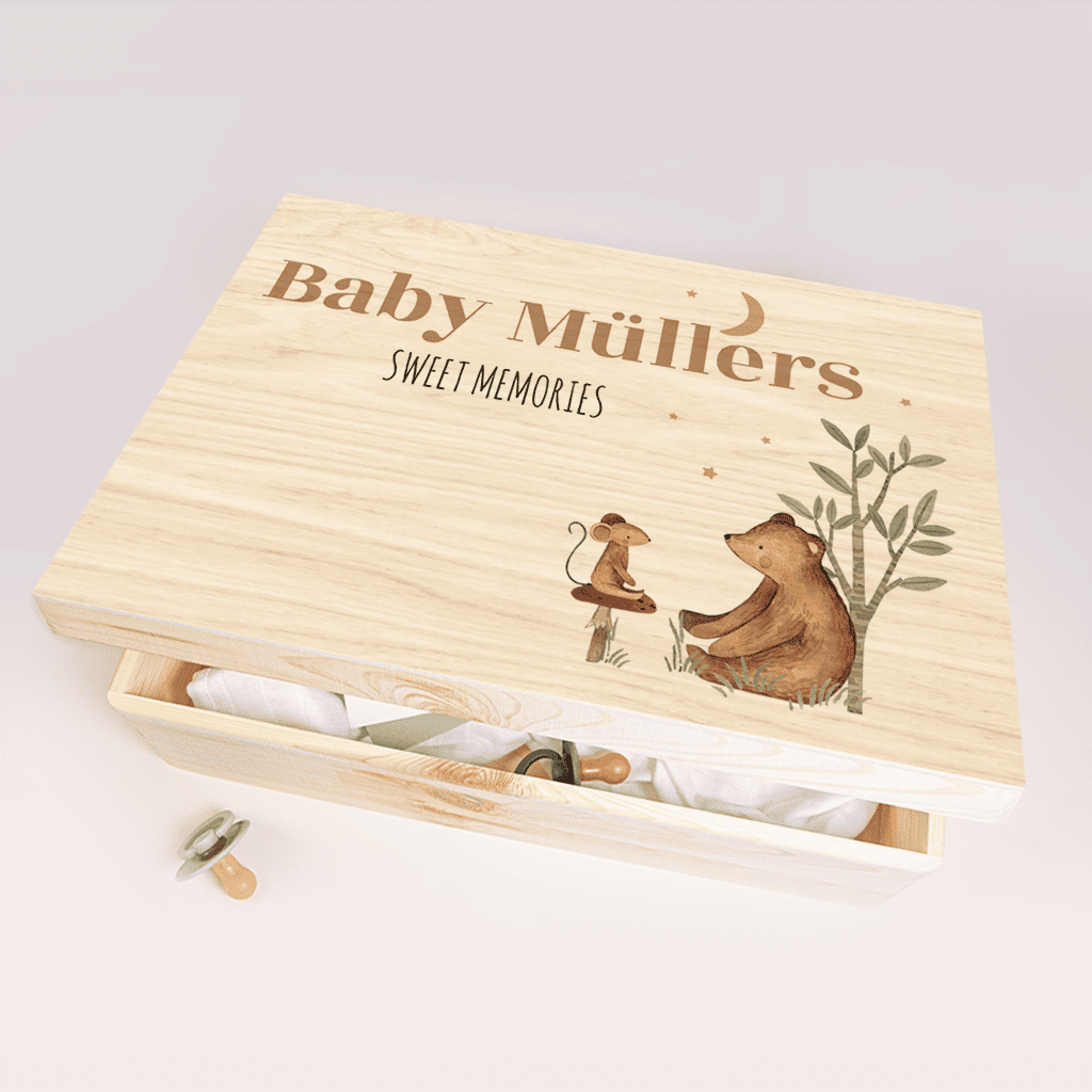 Erinnerungskiste Geschenkidee Babyparty mit Maus und Bär in der Nacht