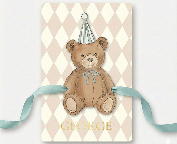 Geboortekaartje Stapelkaart Beertje blauw beige ruitjes