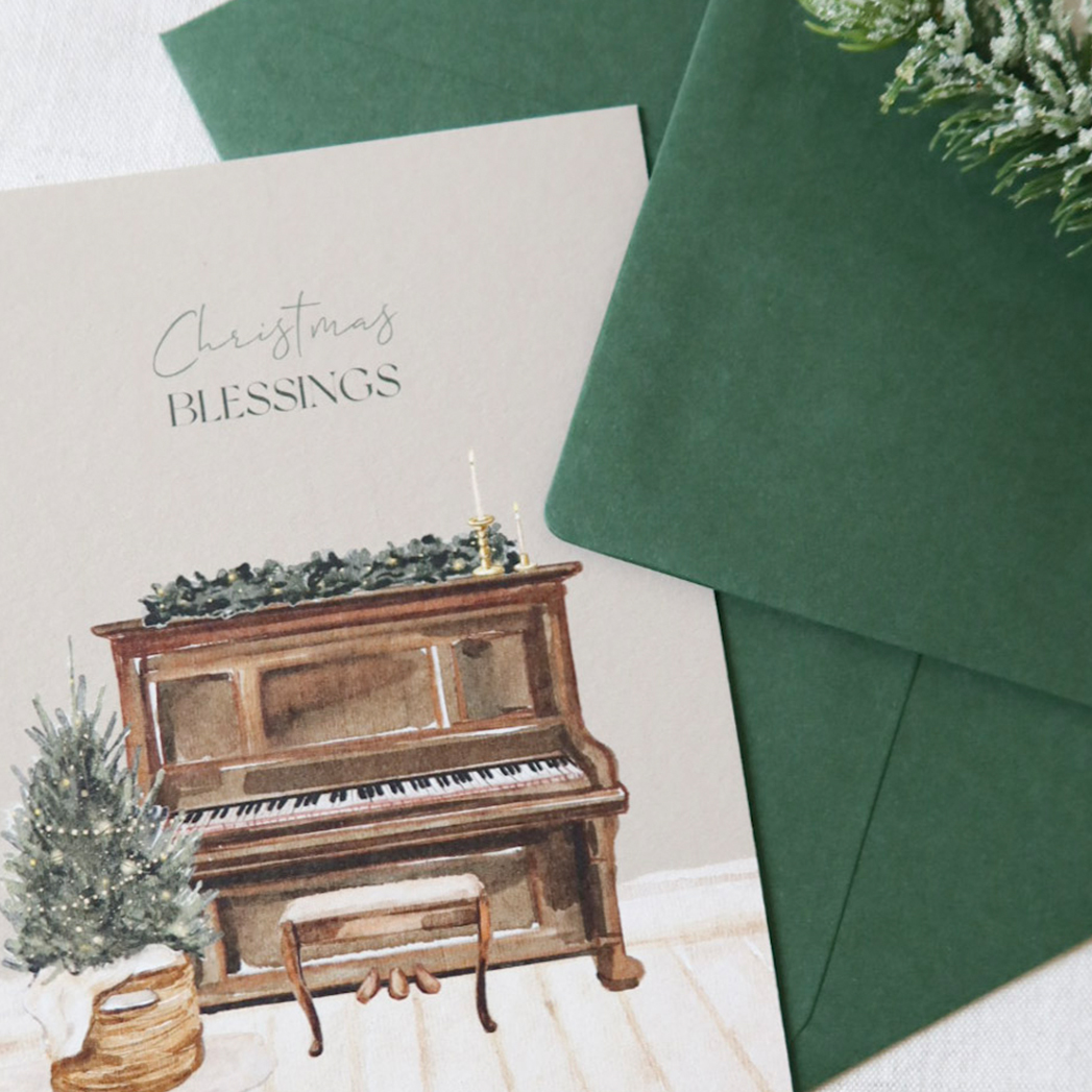 Christelijke getekende kerstkaart kerstboom piano