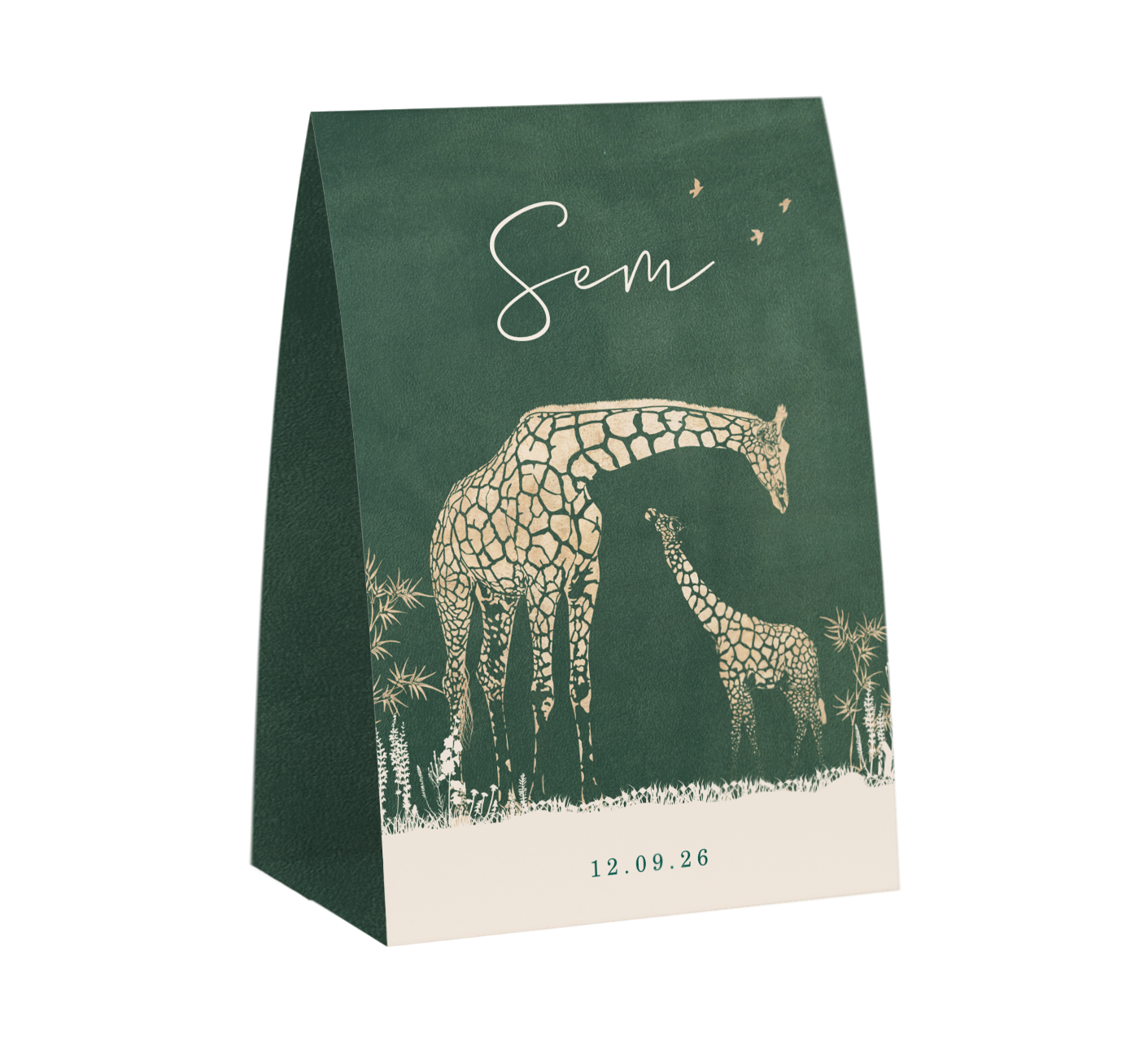 Velvet-look geboortekaartje in tentvorm met goudlook giraffen