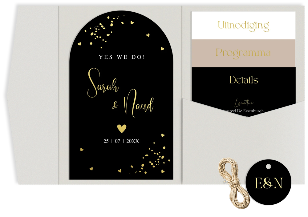 Pocketfold trouwkaart stijlvol zwart meerdere kaartjes goudfolie