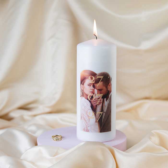 Personalisierte Hochzeitskerze mit Foto und Datum - 20 cm lang, 8cm Ø