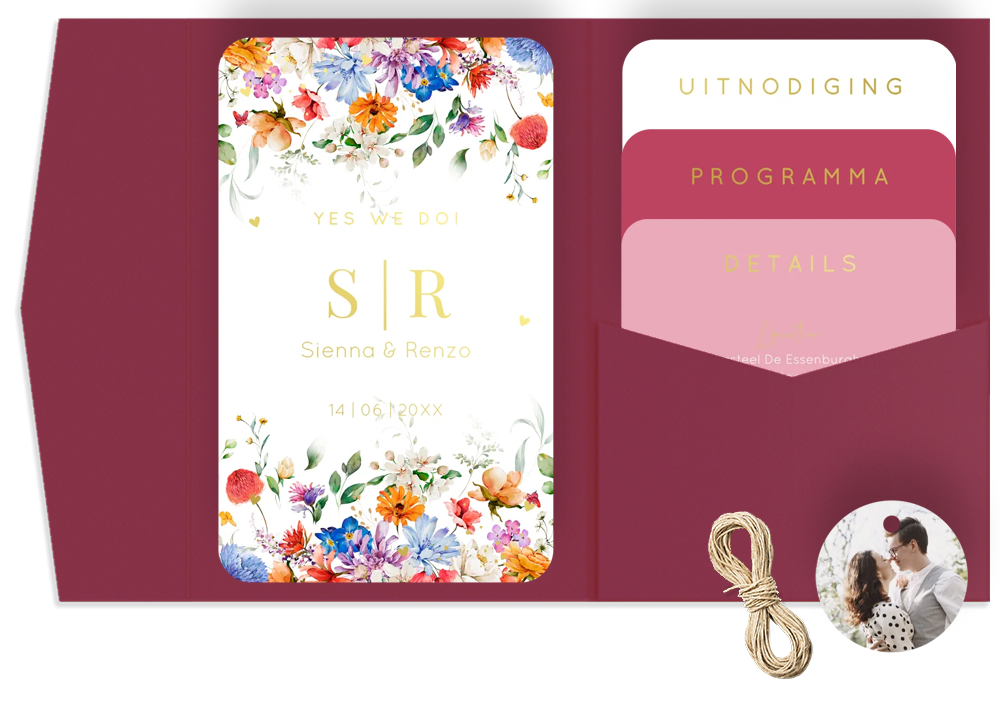 Pocketfold trouwkaart meerdere kaartjes bloemen goudfolie
