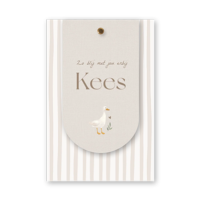 Uni geboortekaartje streepjes met gansje en afgerond linnenlook label 