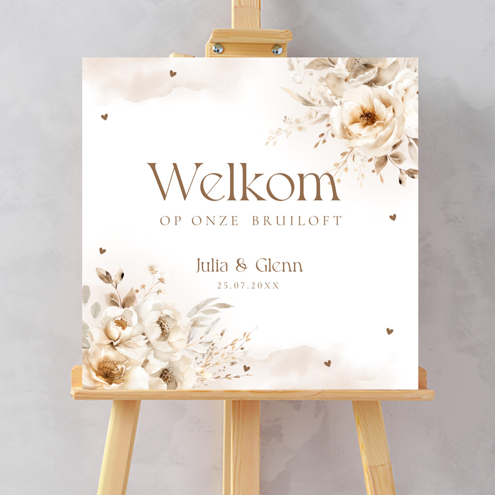 Welkomstbord bruiloft beige bloemen