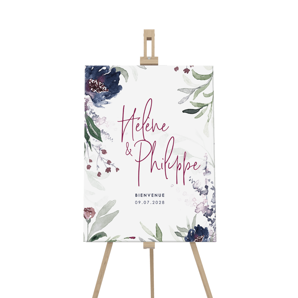 Panneau de bienvenue avec des fleurs d'aquarelle et un texte pourpre