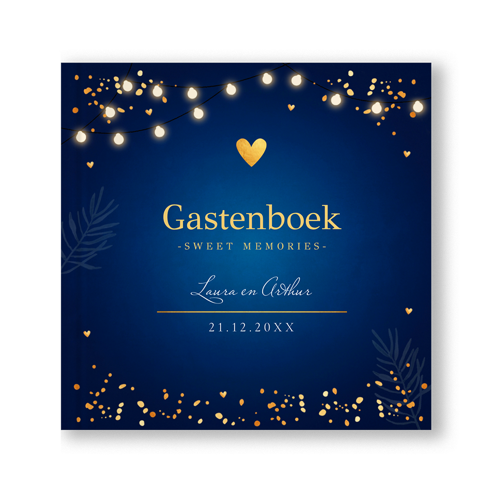 Gastenboek blauw kerst lampjes hartje goudlook