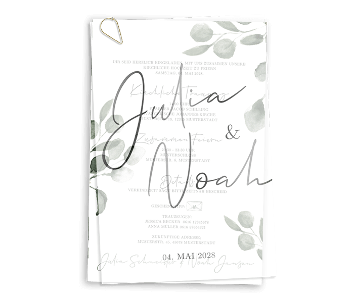 Botanische Infokarte zur Hochzeit mit Eukalyptuszweigen