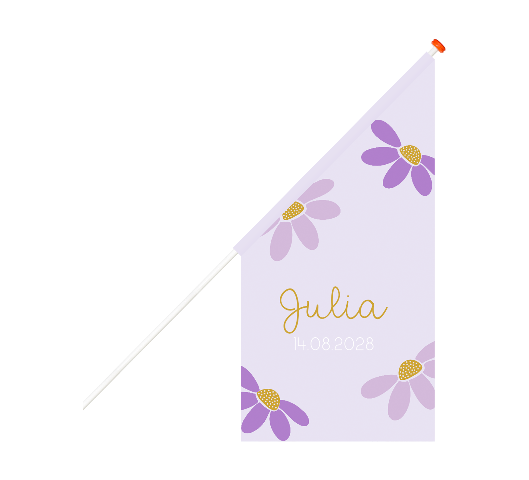 Vrolijke geboortevlag met paarse bloemen