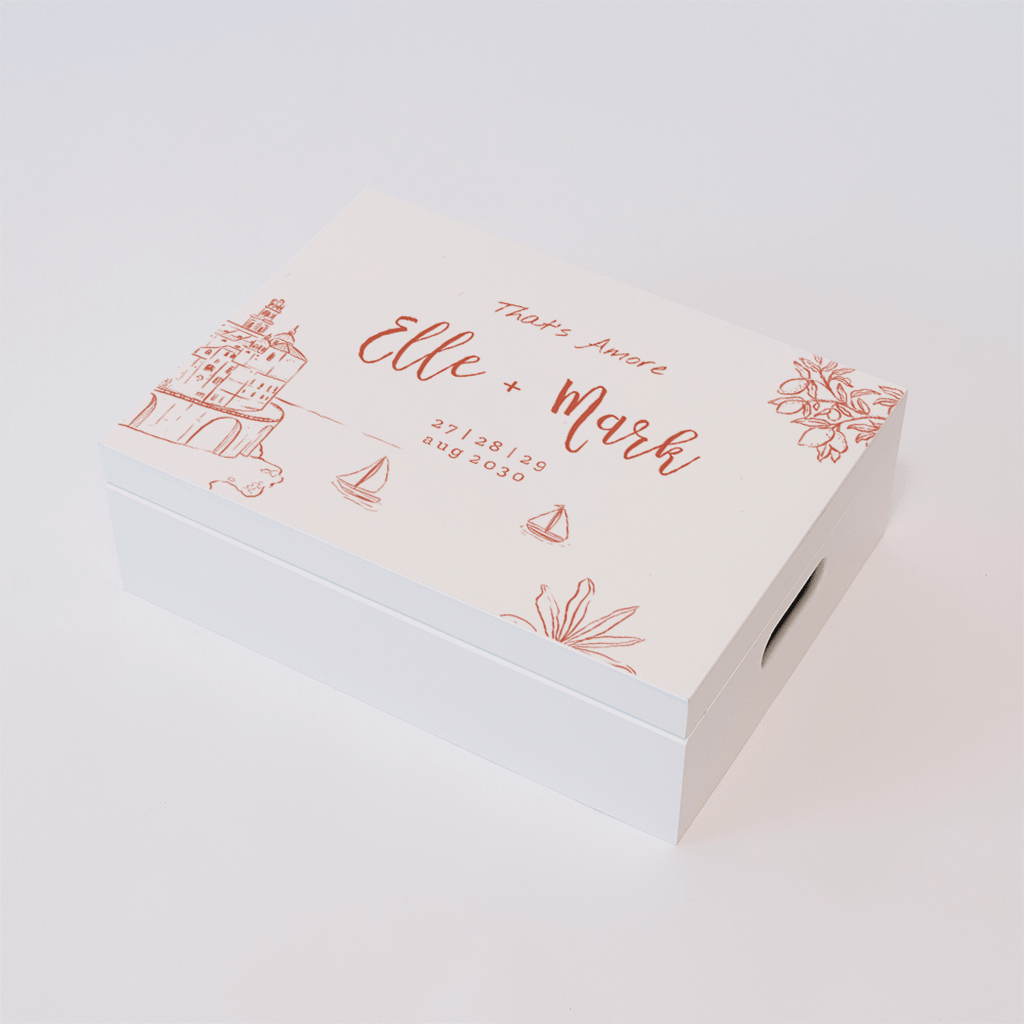 Memorybox huwelijk in Italiaanse stijl met strepen en illustraties