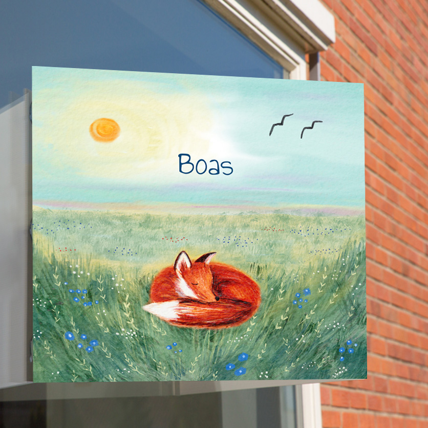 Raambord met vosje in landschap