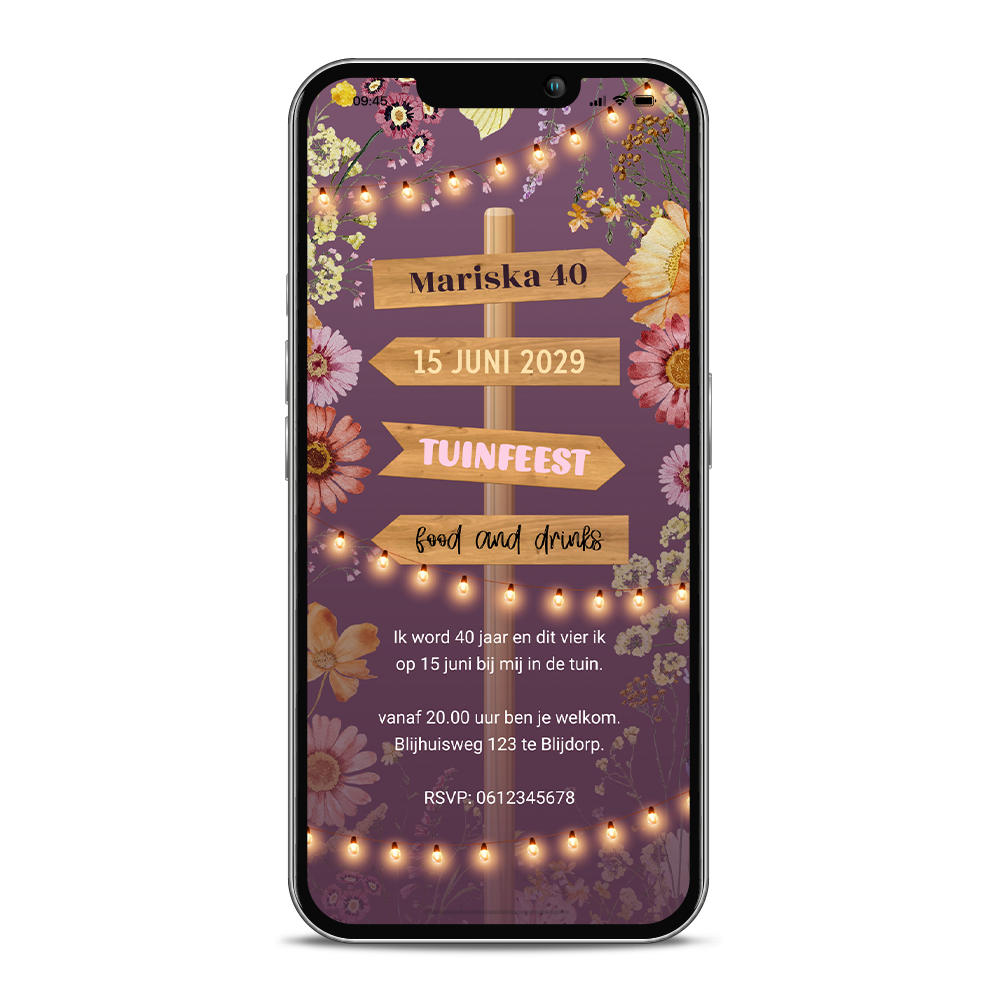 Digitale uitnodiging voor een verjaardag tuinfeest met wegwijzers