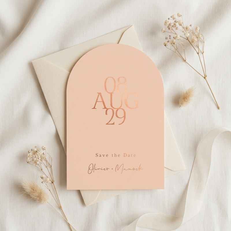 Save the Date boogvorm datum oranje strak modern