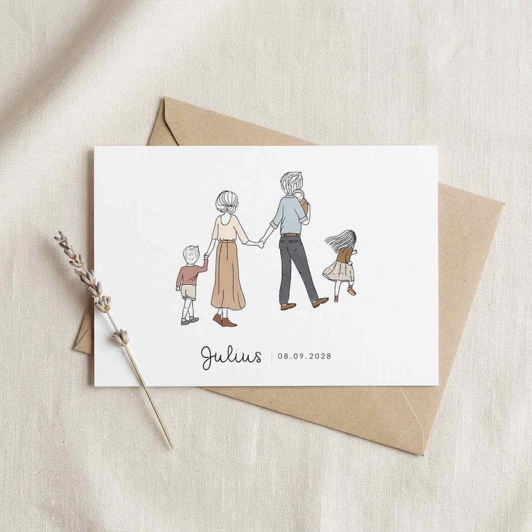 Geboortekaartje illustratie gezin met 3 kinderen