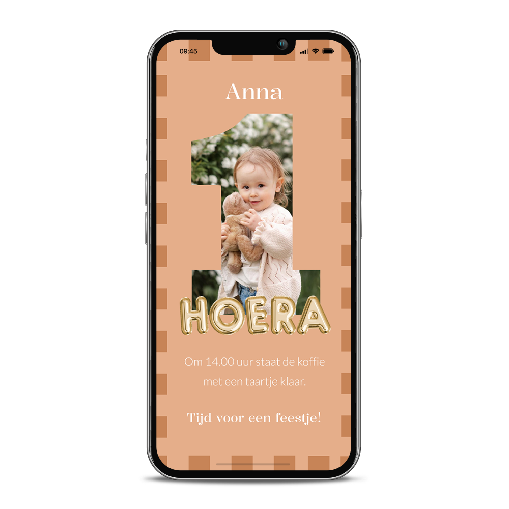 Digitale kinderfeest uitnodiging 1 jaar met foto en hoera ballonnen