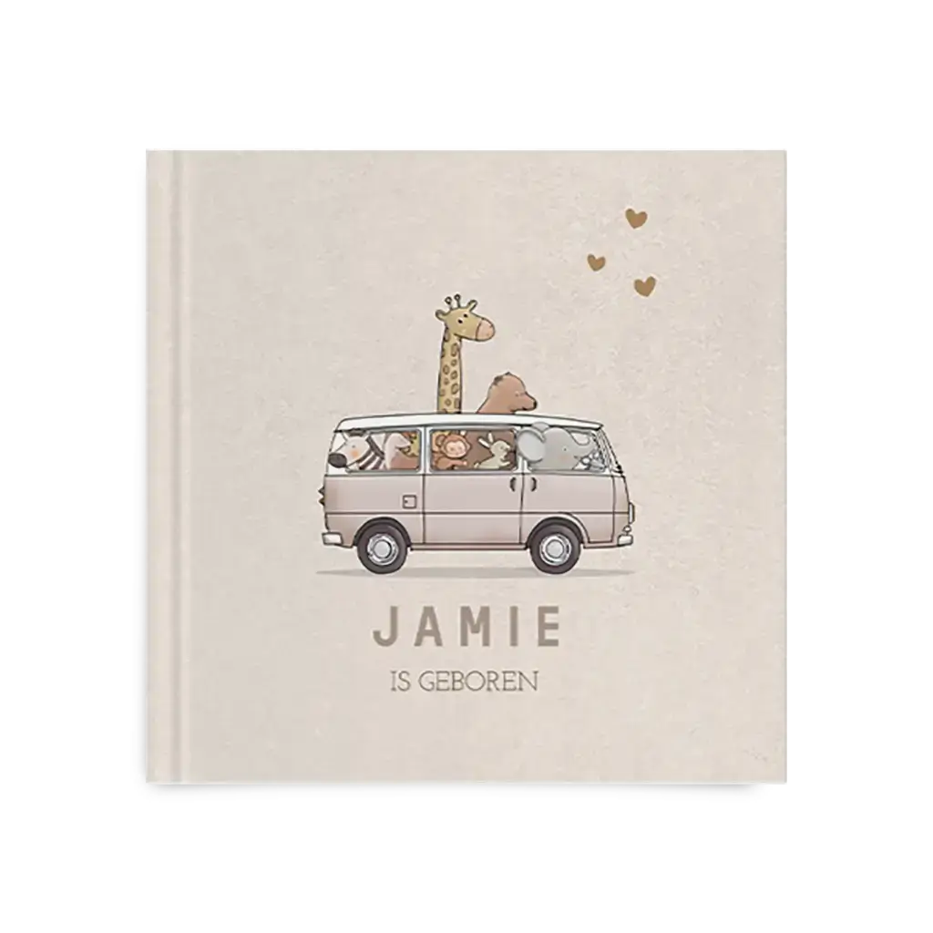 Vrolijk kraambezoekboek met busje en jungledieren