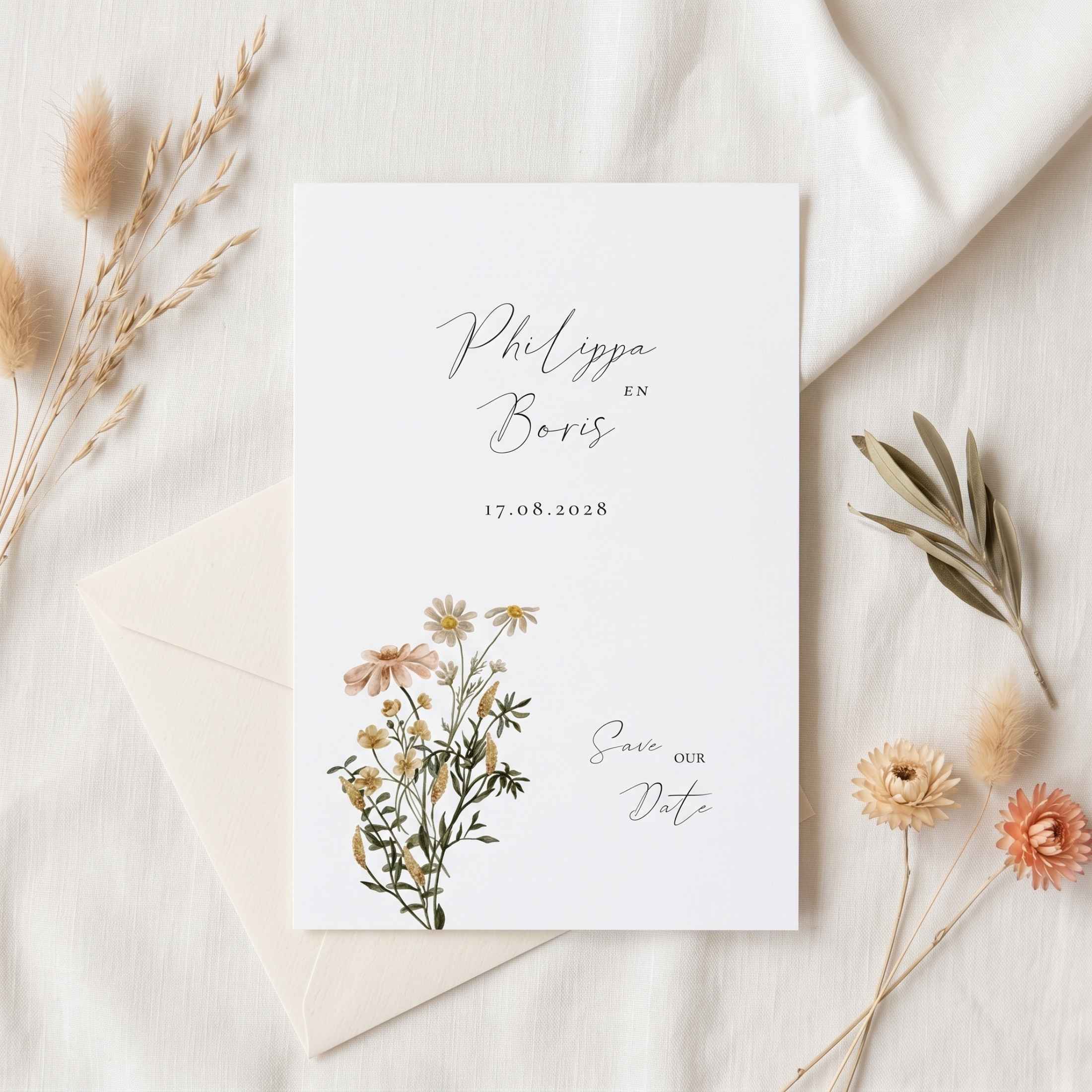 Save the Date pastel bloemen boeket