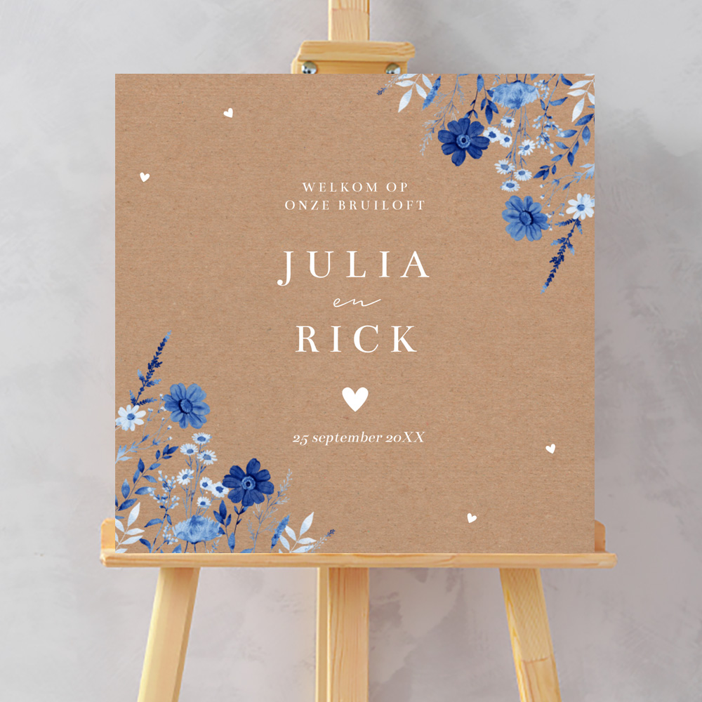 Bruiloftsbord bloemenkrans blauw kraft look 70x70 cm