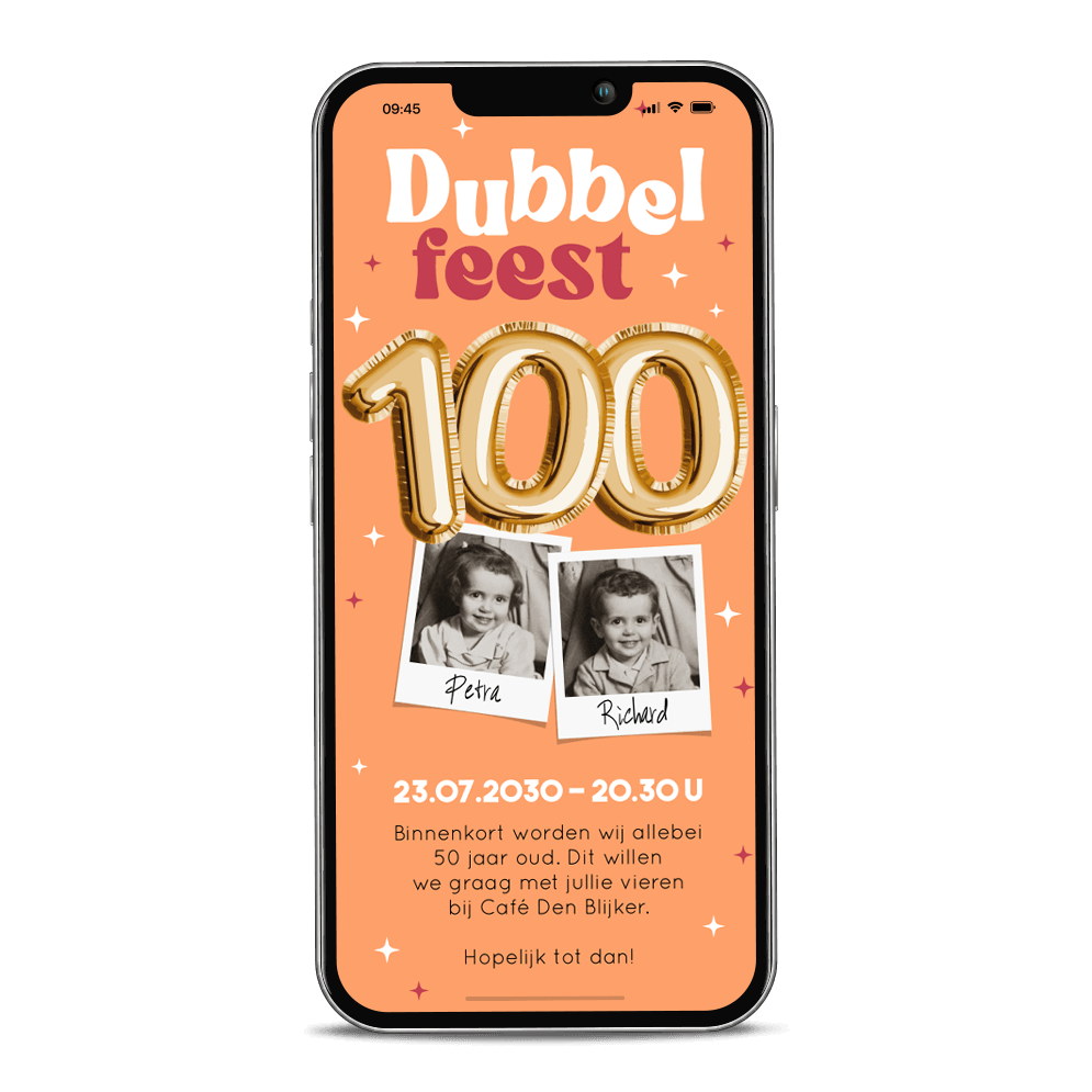 Digitale dubbel feest uitnodiging met cijferballon 100 en eigen foto