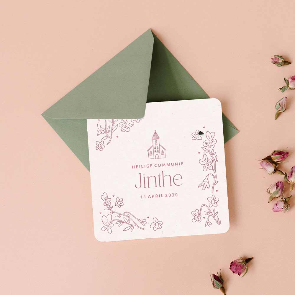 Roze uitnodiging communie met lijntekening bloemen