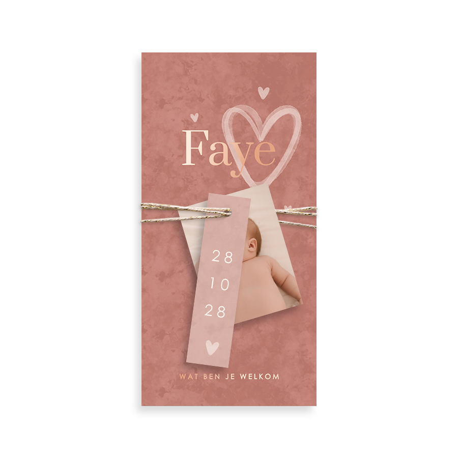 Roze label geboortekaartje met velvet-look en roségoudfolie