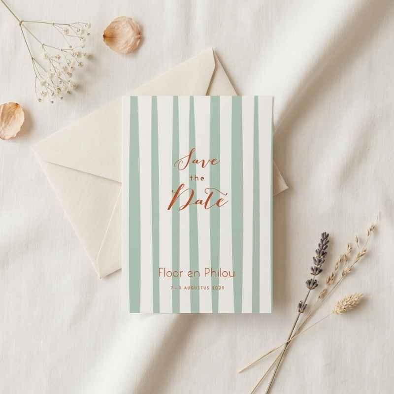 Save the Date kaart colorblock streep groen oranje