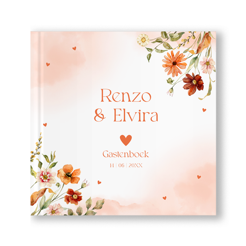 Gastenboek bruiloft bloemen watercolour peach