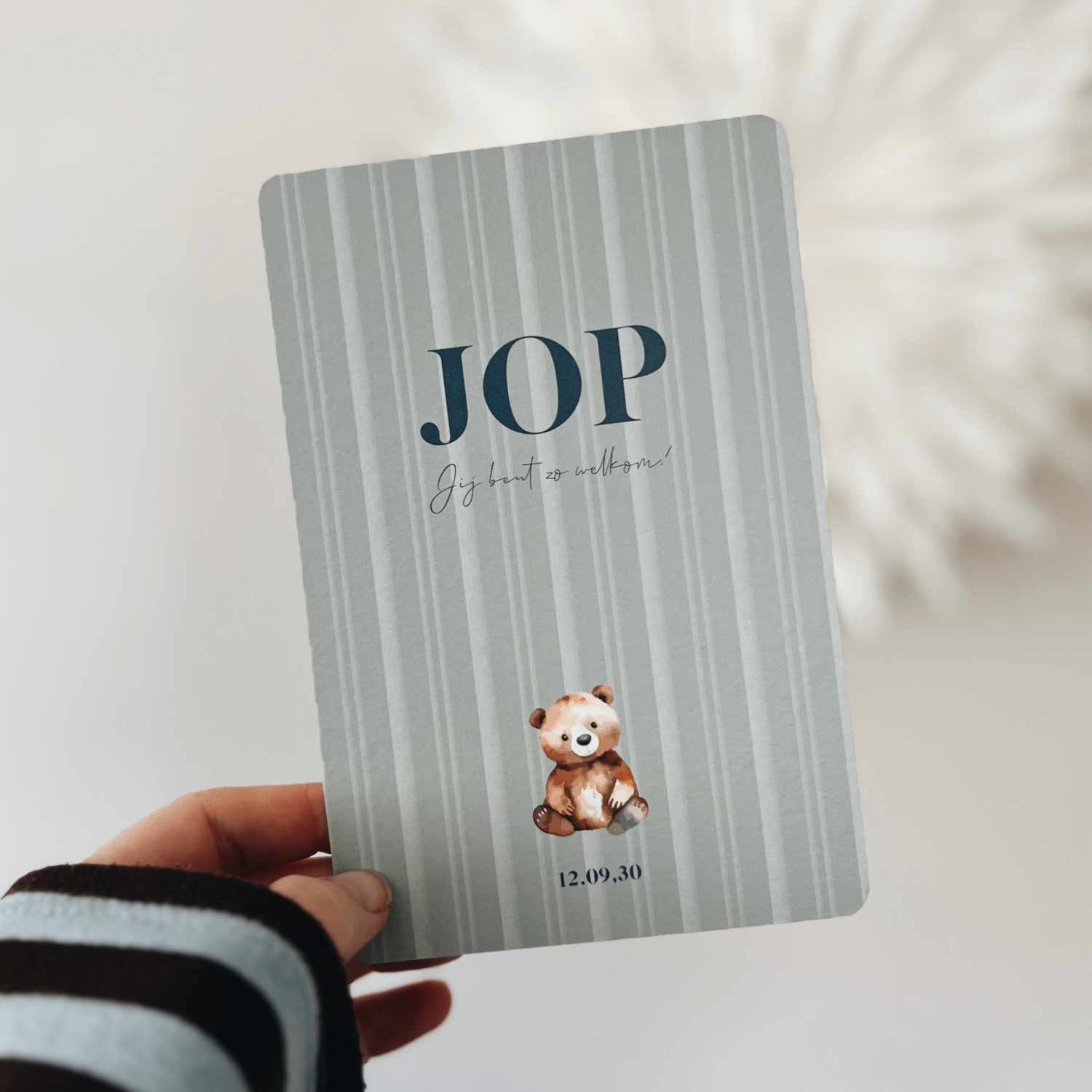 Geboortekaartje jongen met beertje en strepen