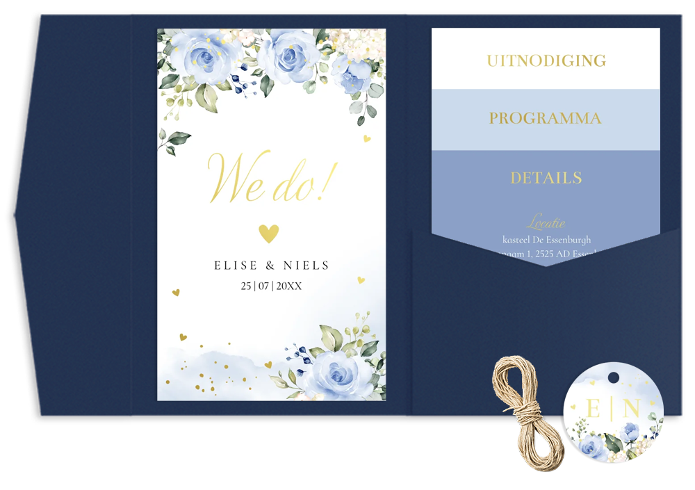 Pocketfold trouwkaart bloemen blauw goudfolie meerdere kaartjes