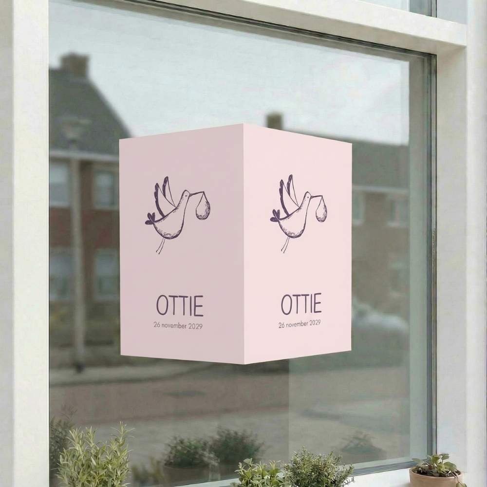 Geboortebord raam meisje ooievaar baby