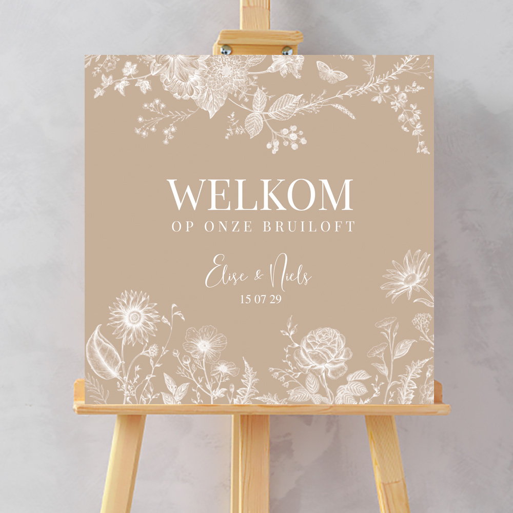 Bruiloftsbord beige botanisch bloemen 70x70 cm