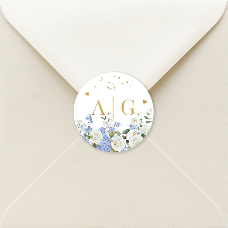Stickers rond huwelijk bloemen blauw hortensia goudfolie