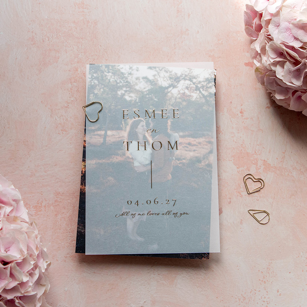 Trouwkaart kalkpapier transparant klassiek goudfolie