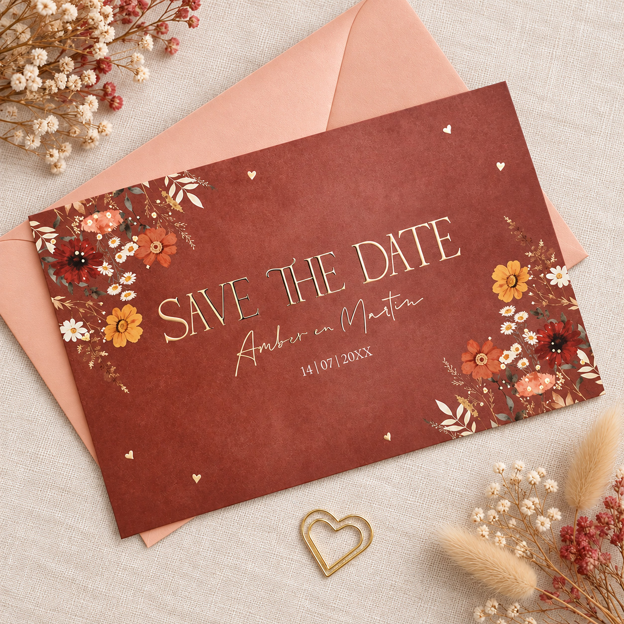 Save the Date kaart roestbruin herfst bloemen goudfolie