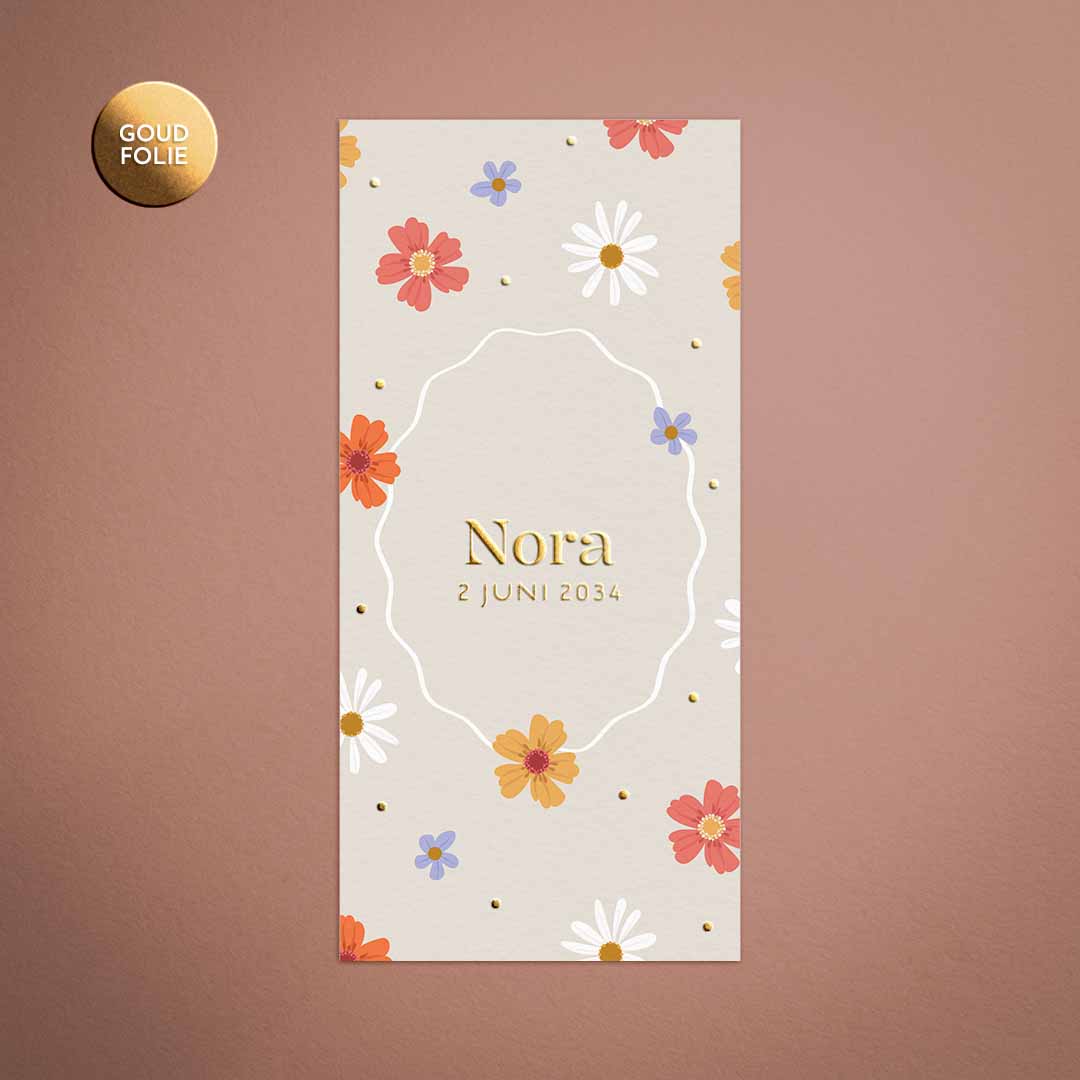 Geboortekaartje met bloemen en abstract kader voor een meisje