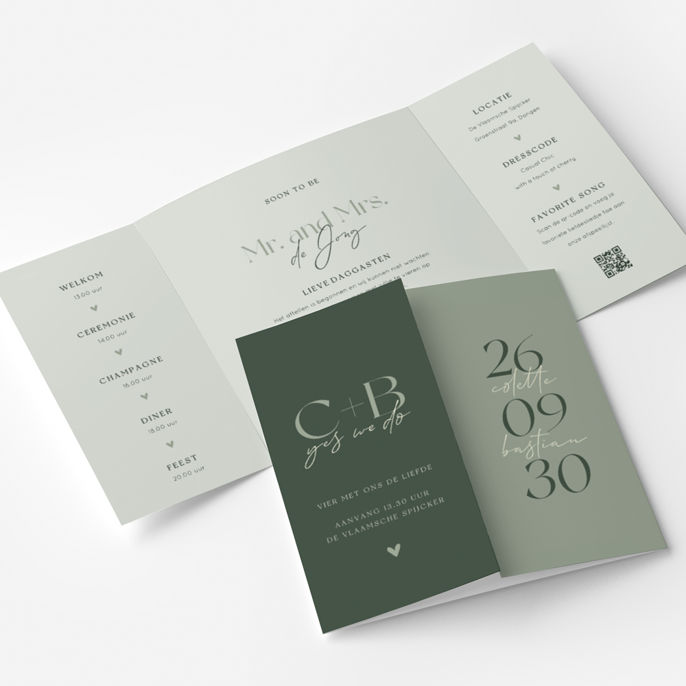 Trouwkaart met theatervouw in groen