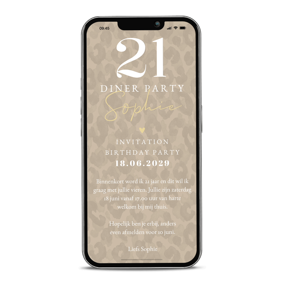 Digitale uitnodiging 21 diner party met panterprint