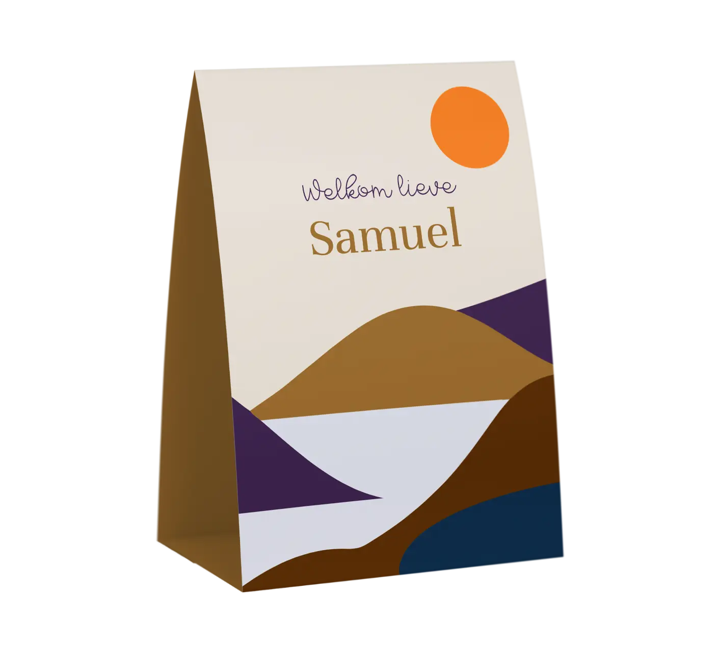 Tent geboortekaartje met berglandschap en zon