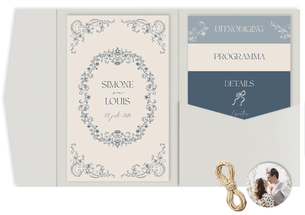 Pocketfold trouwkaart vintage blauw beige botanisch floral