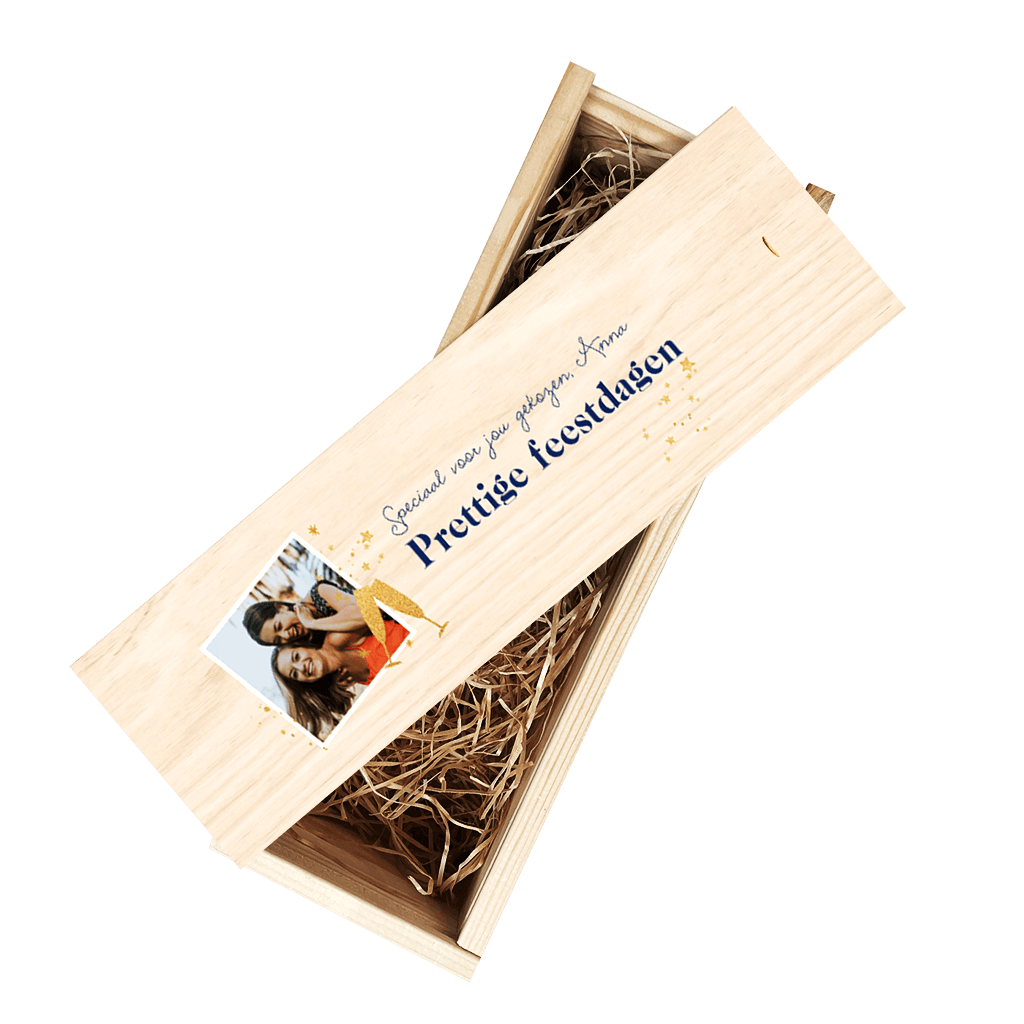 Wijnkist persoonlijke foto kerstbedankje