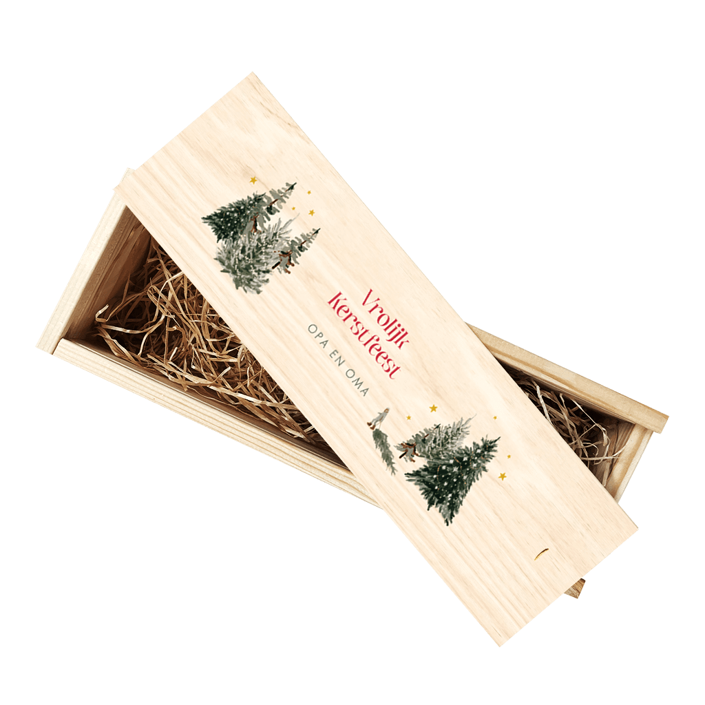 Wijnkist met kerstbomen en rode tekst