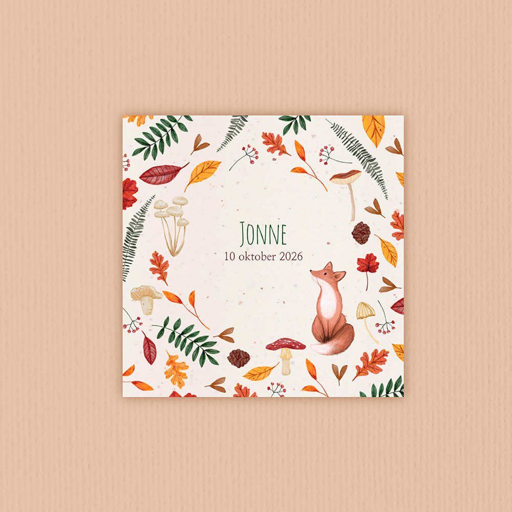 Geboortekaartje met botanische herfstelementen en vos