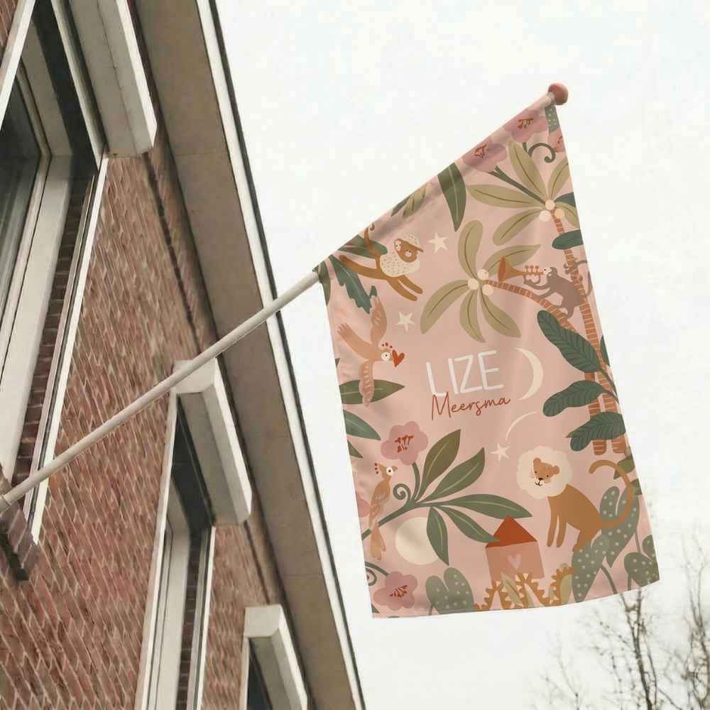 Geboortevlag meisje jungle dieren zachte roze tinten