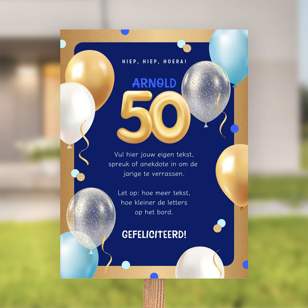 Bord 50 jaar Abraham met tekst, confetti en ballonnen