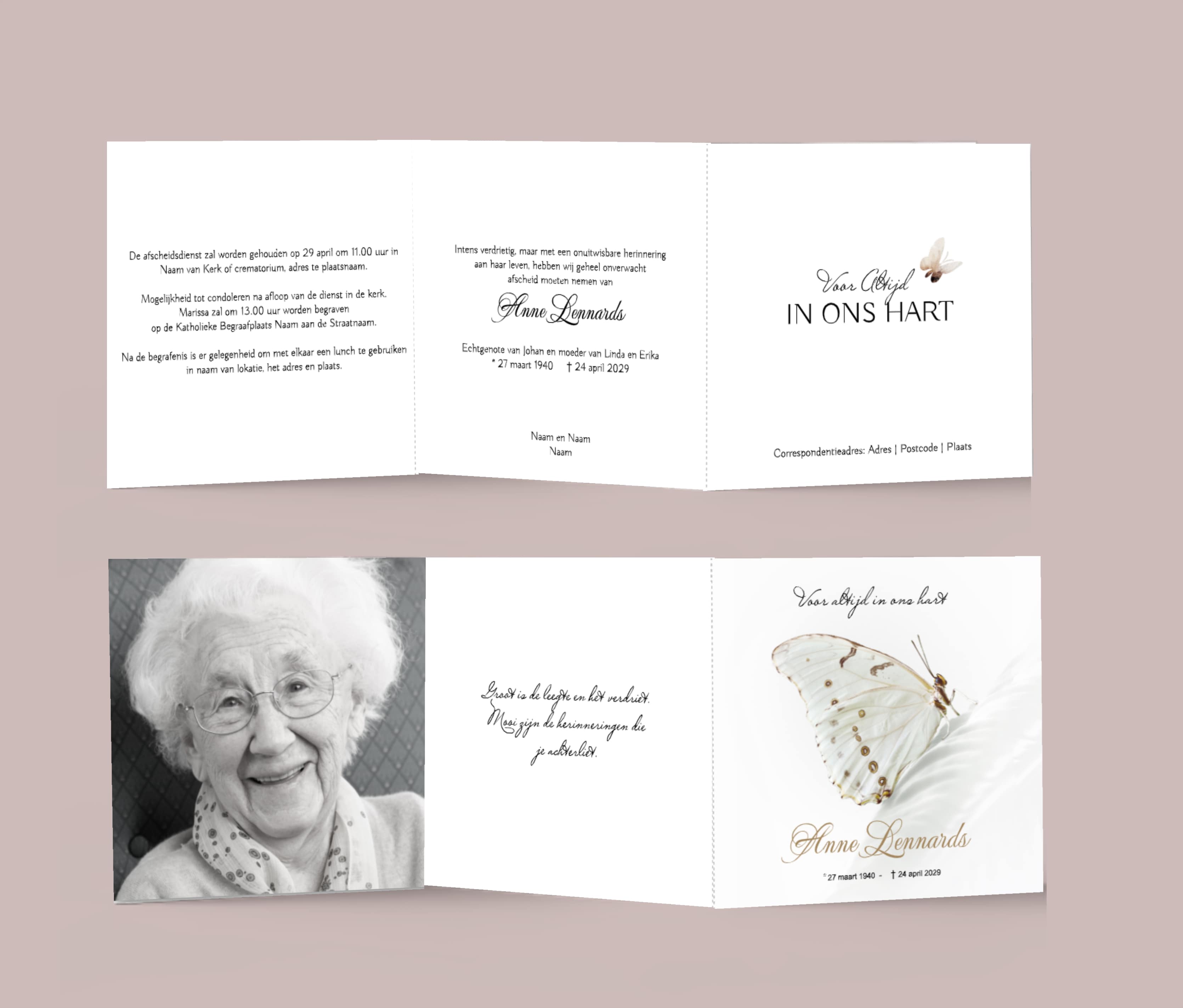 Rouwkaart drieluik vrouw met vlinder en eigen foto