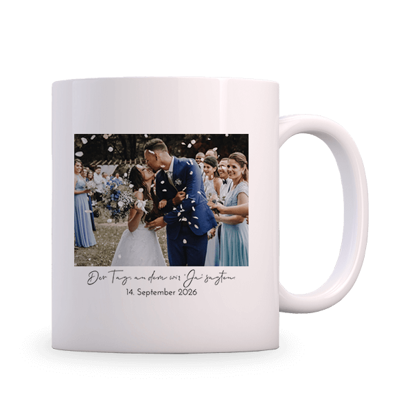 Personalisierbare Tasse mit Hochzeitsfoto und Text