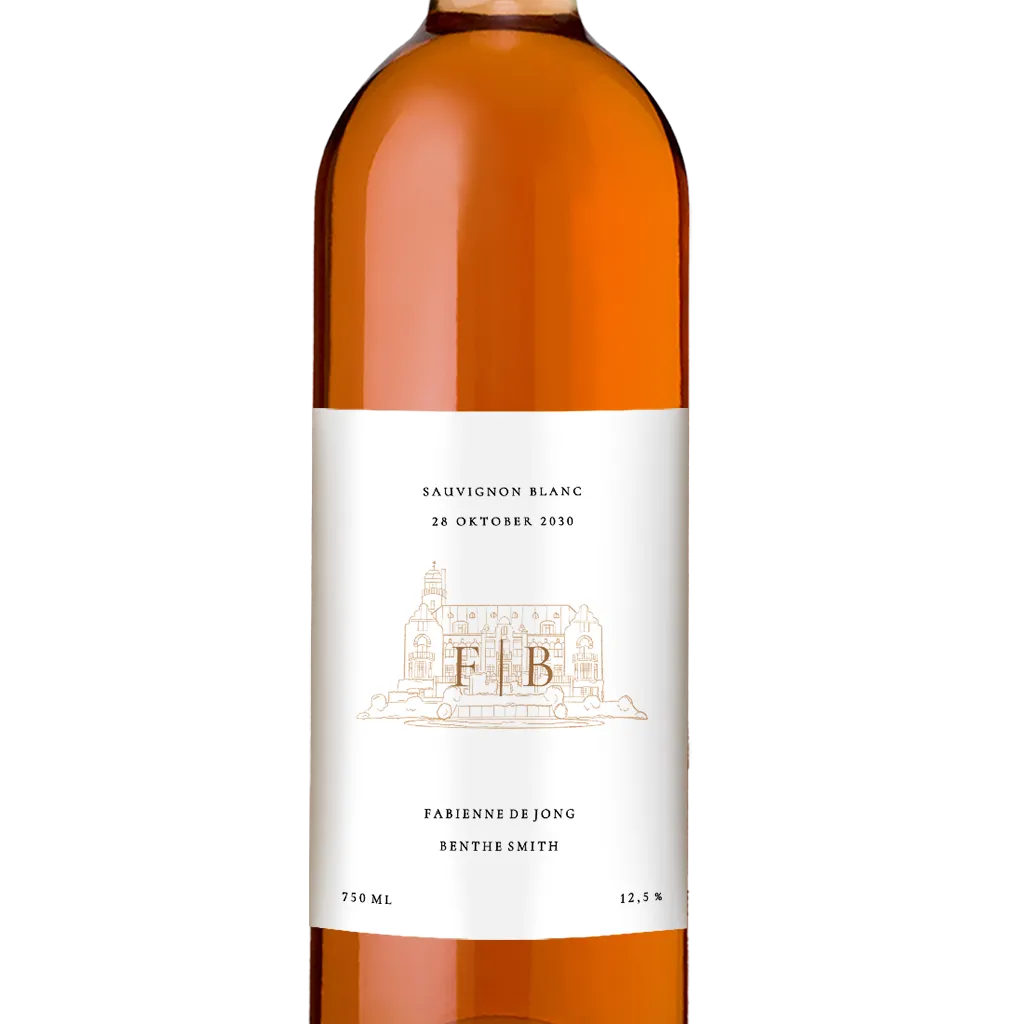 Wijnetiket met trouwlocatie in bruintinten - per 5 stuks